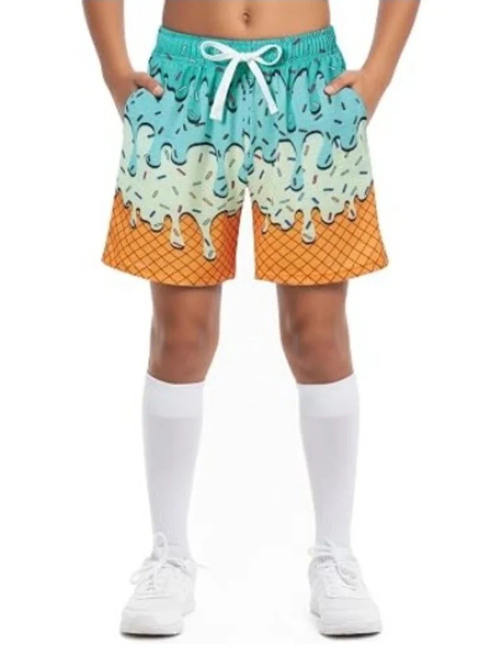 Boys Athletic Shorts Ice Cream Drip Mesh Breathable Green